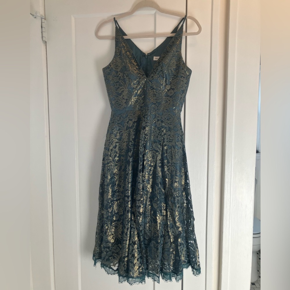 Dress the Population Gold Teal Green Lace Overlay V Neck Dress Size Small NWOT